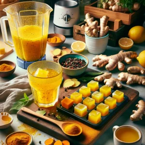 Proceso de preparación de cubitos de cúrcuma y jengibre: ingredientes frescos en una tabla de cortar, mezcla dorada en una licuadora y cubitos siendo añadidos a té caliente, en una cocina saludable y acogedora.